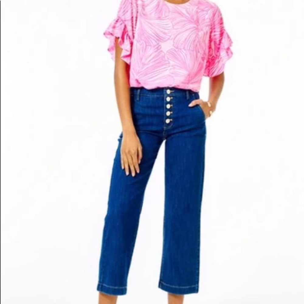 Lilly Pulitzer Dark Blue High-Rise Wide Leg Jeans with Button Fly